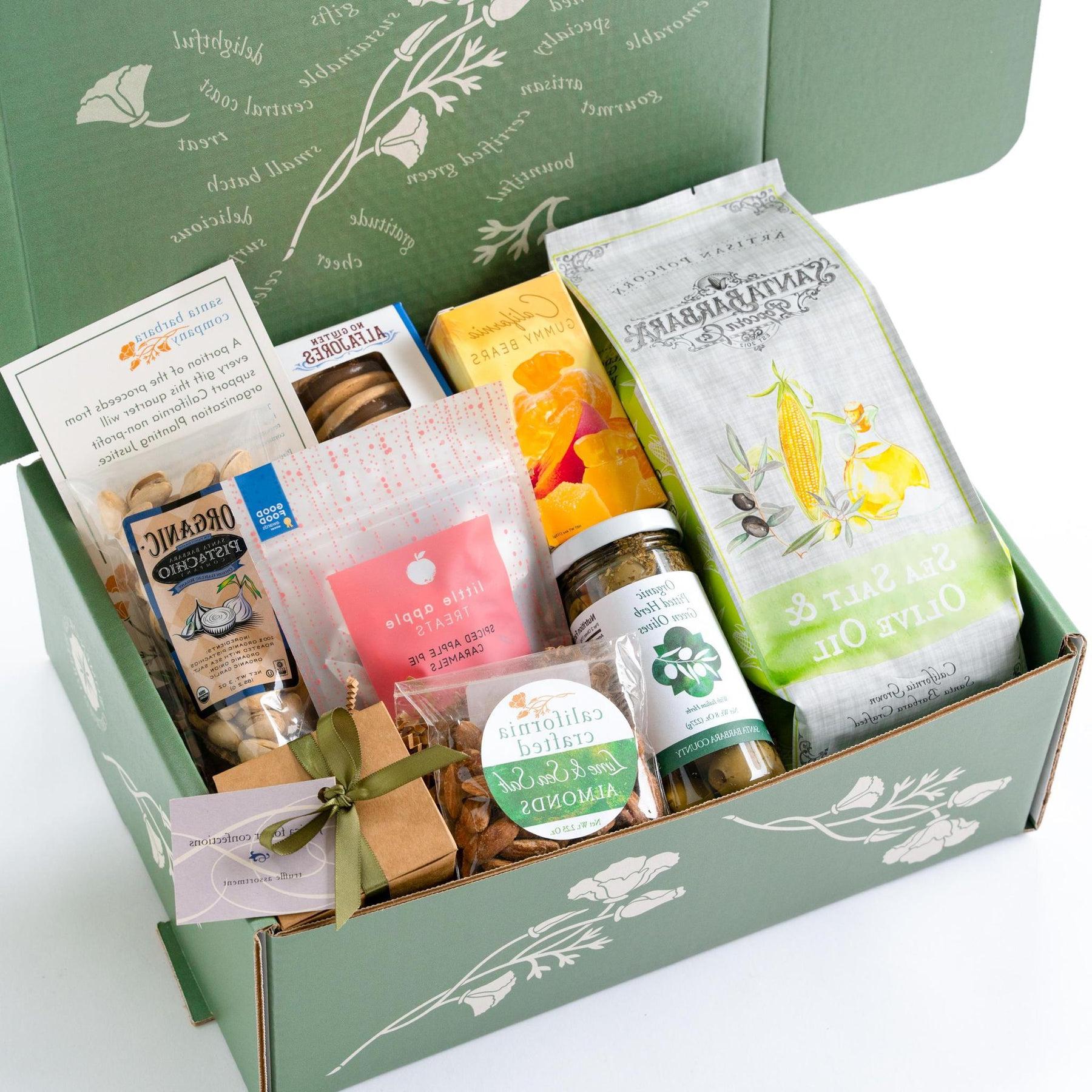 Sweet and Savory Gift Box with popcorn, gummy bears, cookies, nuts, and more.